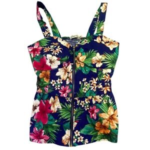 Liberty Tropical Shirt Women's Large Floral Smocked Zip Front Tank Top Vacation‎